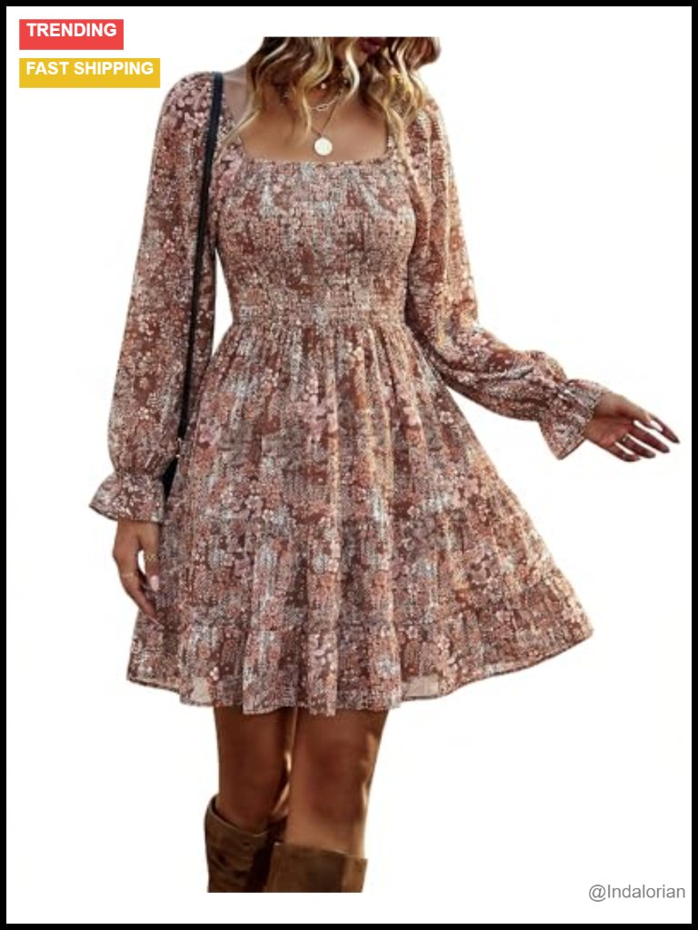 Women's Long Sleeve Square Neck Smocked Mini Boho Dress